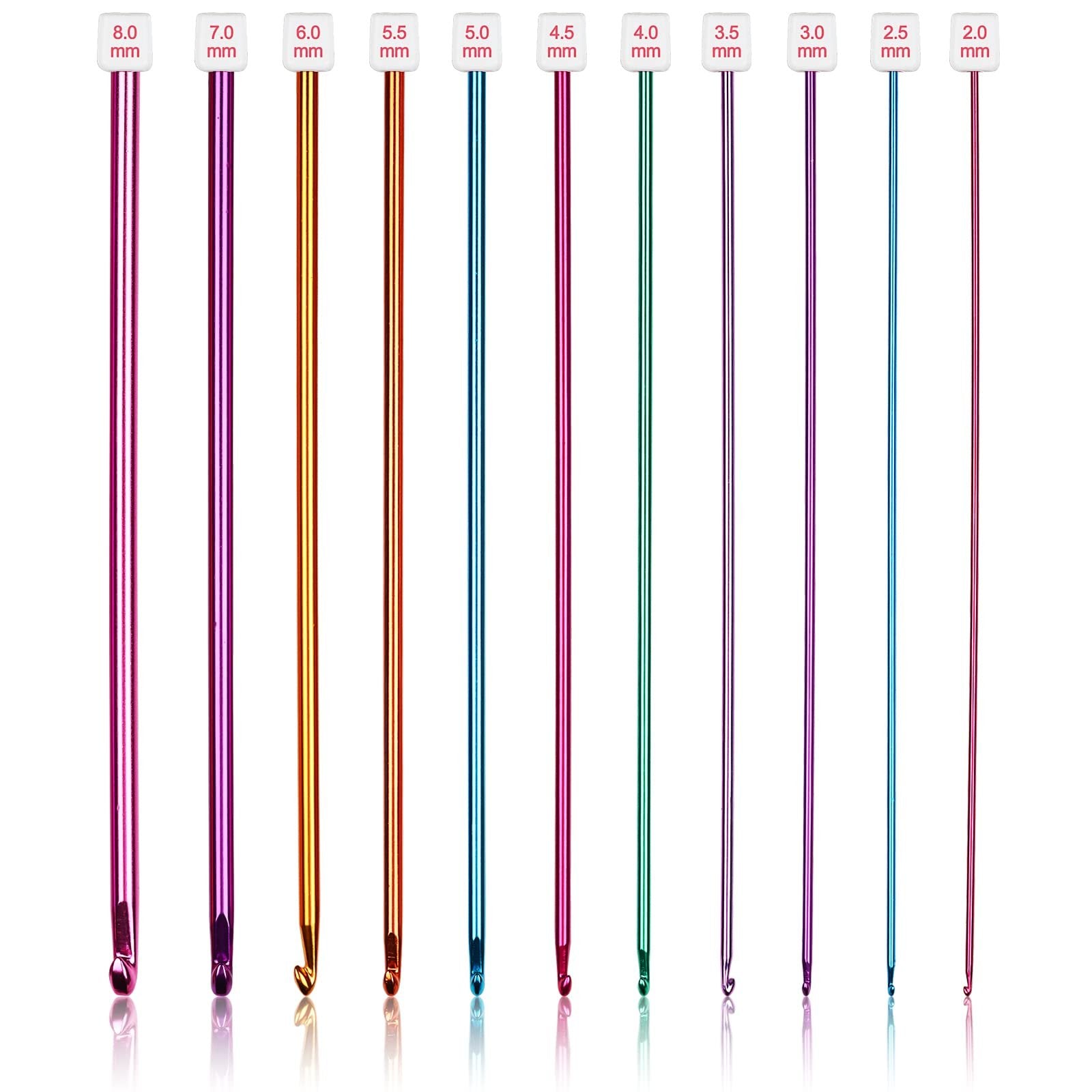 Set of 11 multicolor aluminum Tunisian crochet hooks with size markings from 2mm to 8mm, displayed vertically against a white background.
