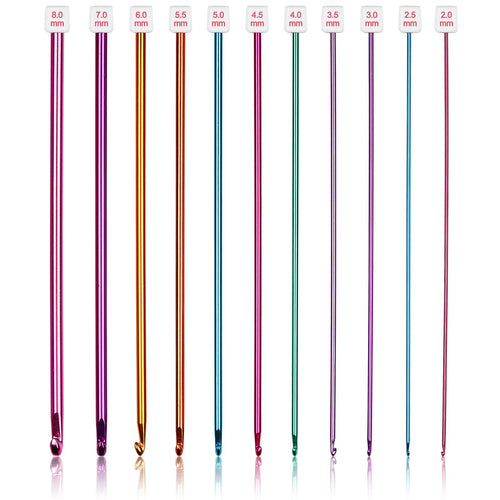 Set of 11 multicolor aluminum Tunisian crochet hooks with size markings from 2mm to 8mm, displayed vertically against a white background.