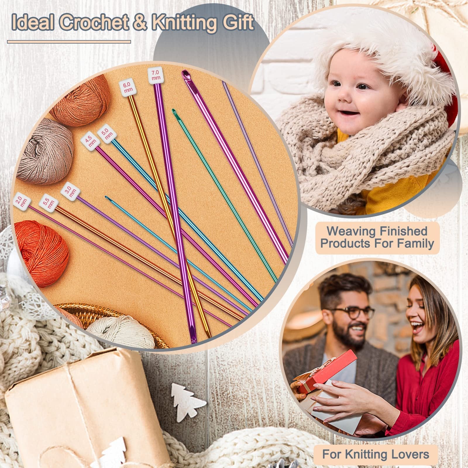 Collection of multicolor aluminum crochet hooks with size labels, surrounded by yarn and gift wrapping.