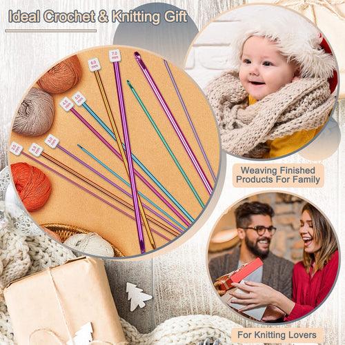 Collection of multicolor aluminum crochet hooks with size labels, surrounded by yarn and gift wrapping.