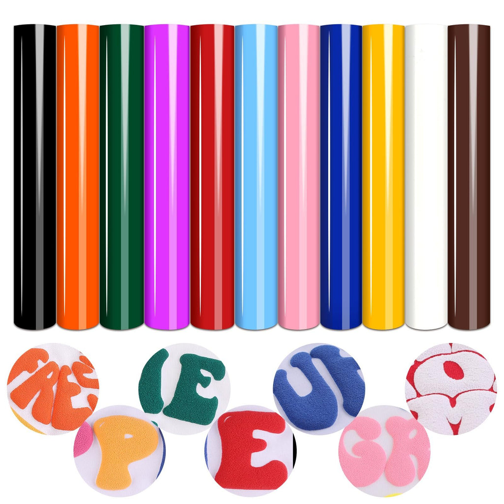 Assorted color rolls of 3D puff heat transfer vinyl with close-up circular insets showing applied letters and designs.