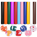 Assorted color rolls of 3D puff heat transfer vinyl with close-up circular insets showing applied letters and designs.