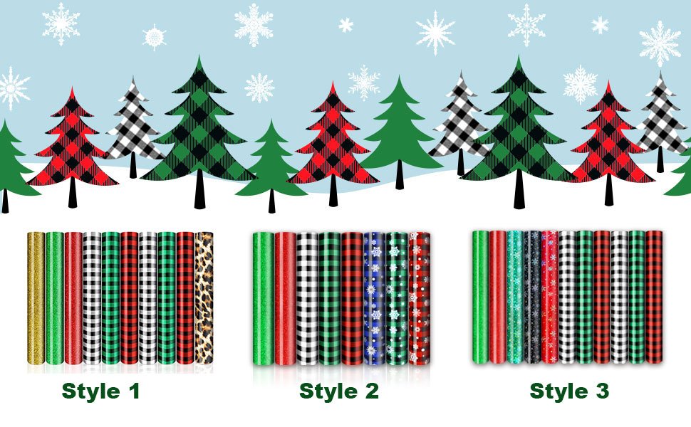 Three styles of Christmas buffalo plaid heat transfer vinyl rolls displayed with festive trees and snowflakes background.