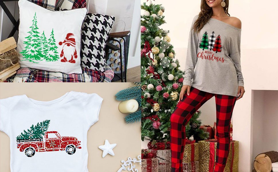 Collage of Christmas-themed designs including trees and a gnome on a pillow, a vintage truck with a tree on a t-shirt, and a woman in pajamas with a Merry Christmas shirt.