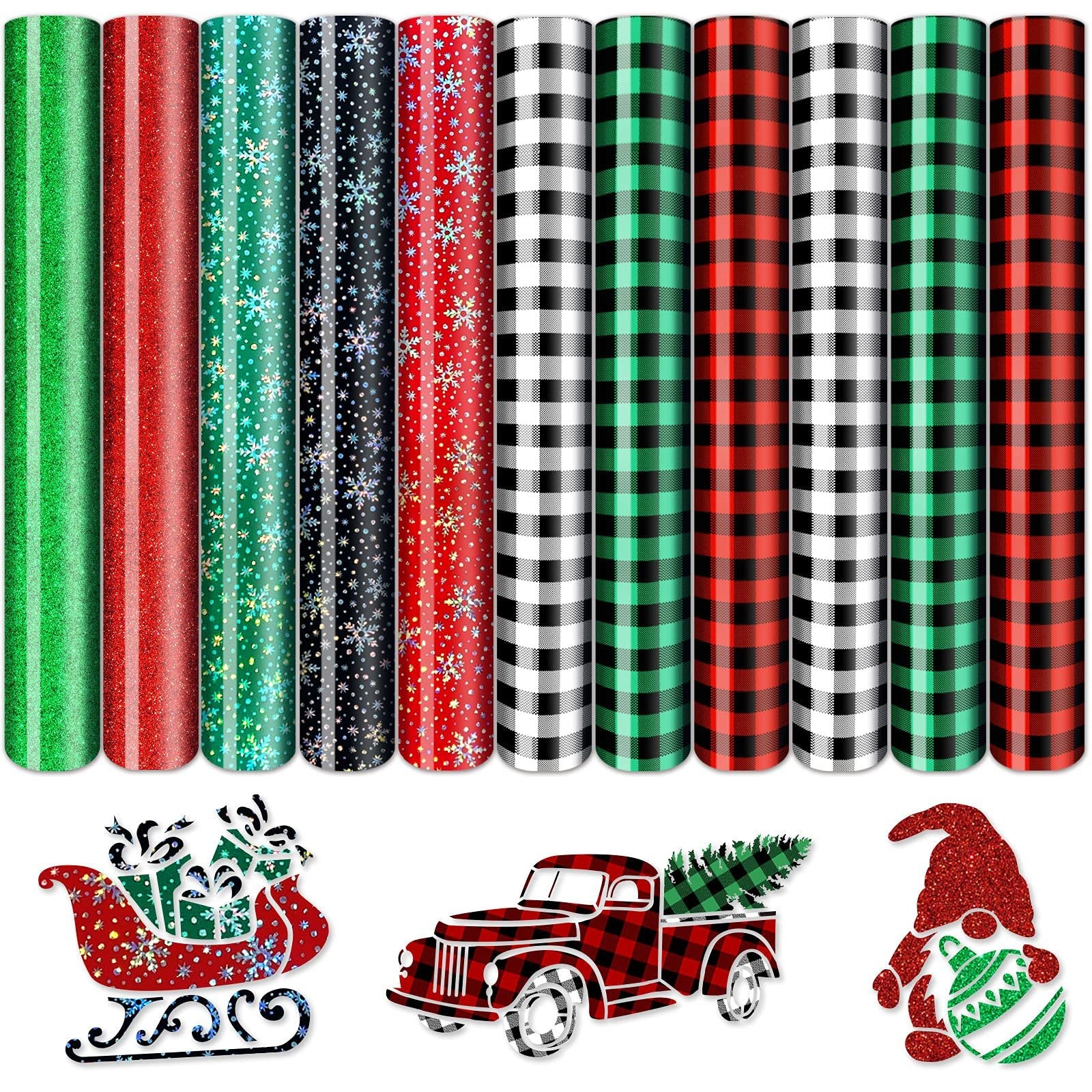 Collection of 11 rolls of Christmas-themed heat transfer vinyl with glitter, snowflakes, and buffalo plaid patterns, plus a sleigh, truck, and gnome graphic.