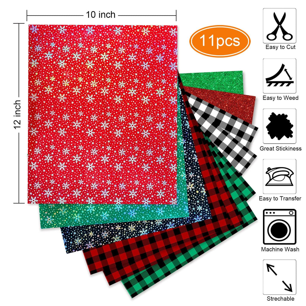 Stack of 11-sheet Christmas buffalo plaid heat transfer vinyl sheets, 12x10 inch, featuring snowflake, glitter, and plaid patterns.