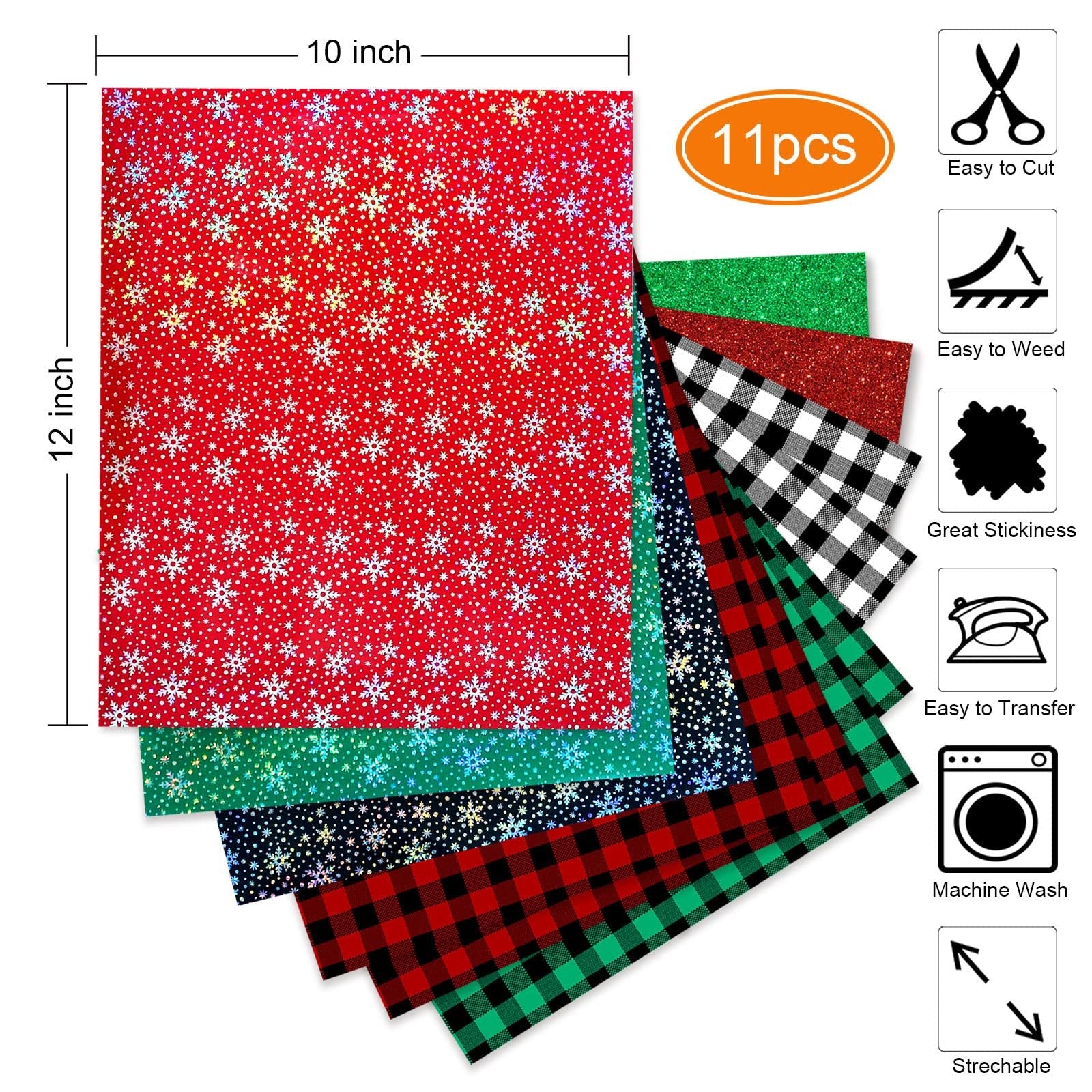 Stack of 11-sheet Christmas buffalo plaid heat transfer vinyl sheets, 12x10 inch, featuring snowflake, glitter, and plaid patterns.