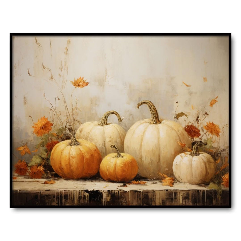 Still life art print featuring a variety of pumpkins and fall flowers on a wooden surface against a textured background.