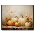 Still life art print featuring a variety of pumpkins and fall flowers on a wooden surface against a textured background.