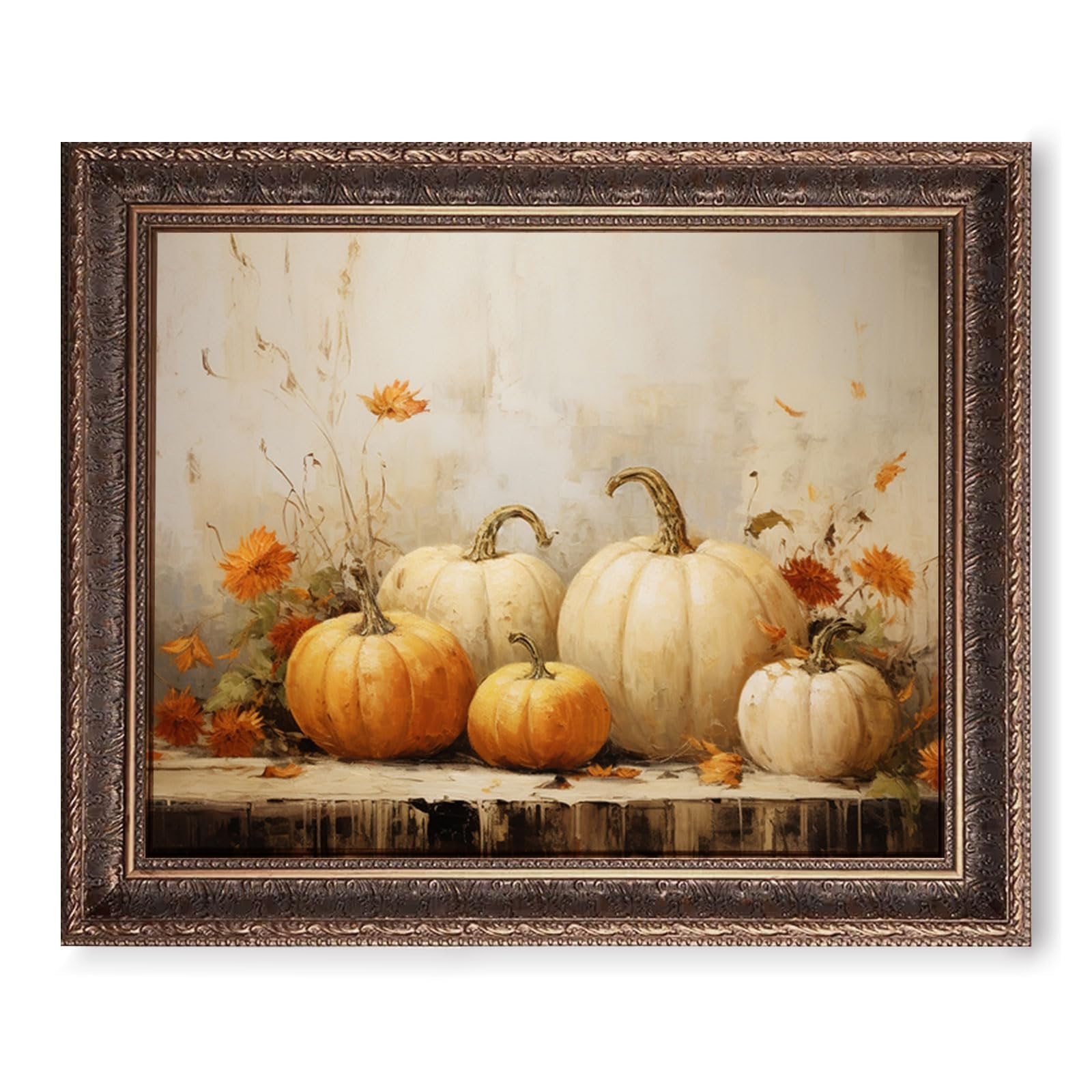 Framed still life art print featuring a collection of white and orange pumpkins with autumn flowers and leaves.
