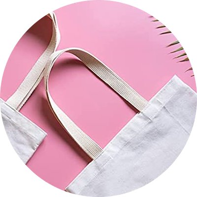 Close-up of two white canvas tote bags with beige cotton webbing straps on a pink background with a palm frond.