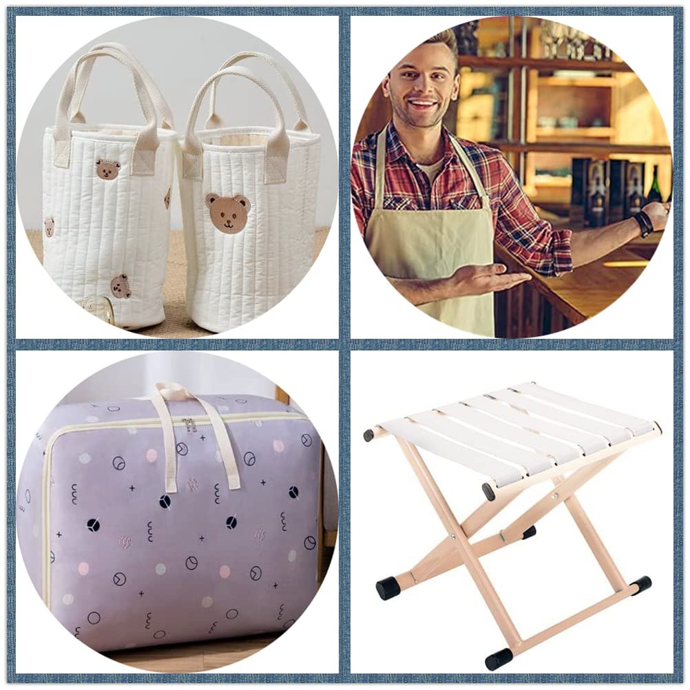 Collage of four product images: two quilted tote bags with bear appliques, a smiling man in an apron, a large patterned storage bag, and a white folding stool.