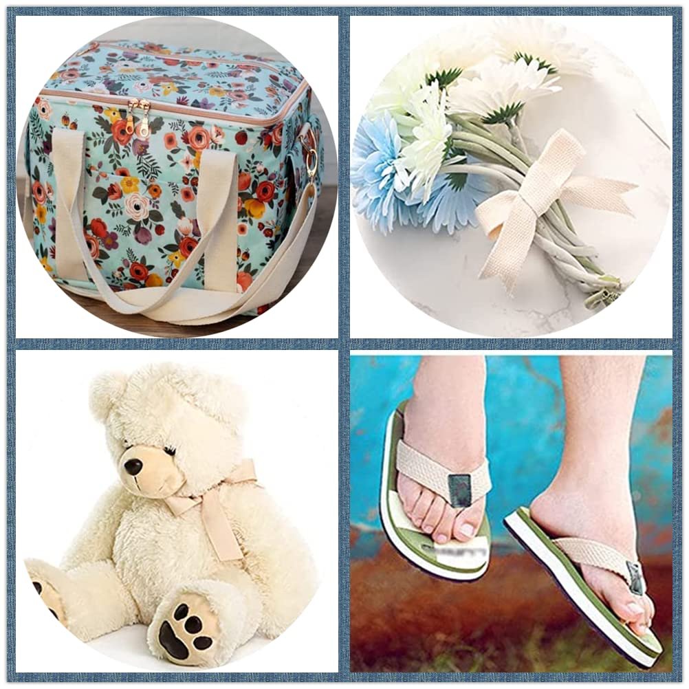 Collage of four circular images: floral print cooler bag with handles, bouquet of white and blue daisies tied with a ribbon, plush teddy bear with a ribbon, and feet wearing green and beige flip-flops.