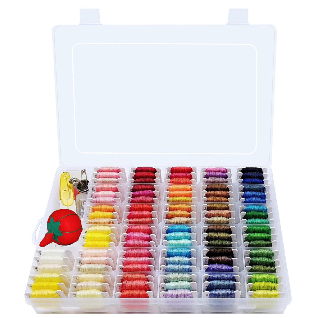 Open organizer box filled with 110 spools of colorful embroidery floss, including sewing needles and a tomato pincushion.