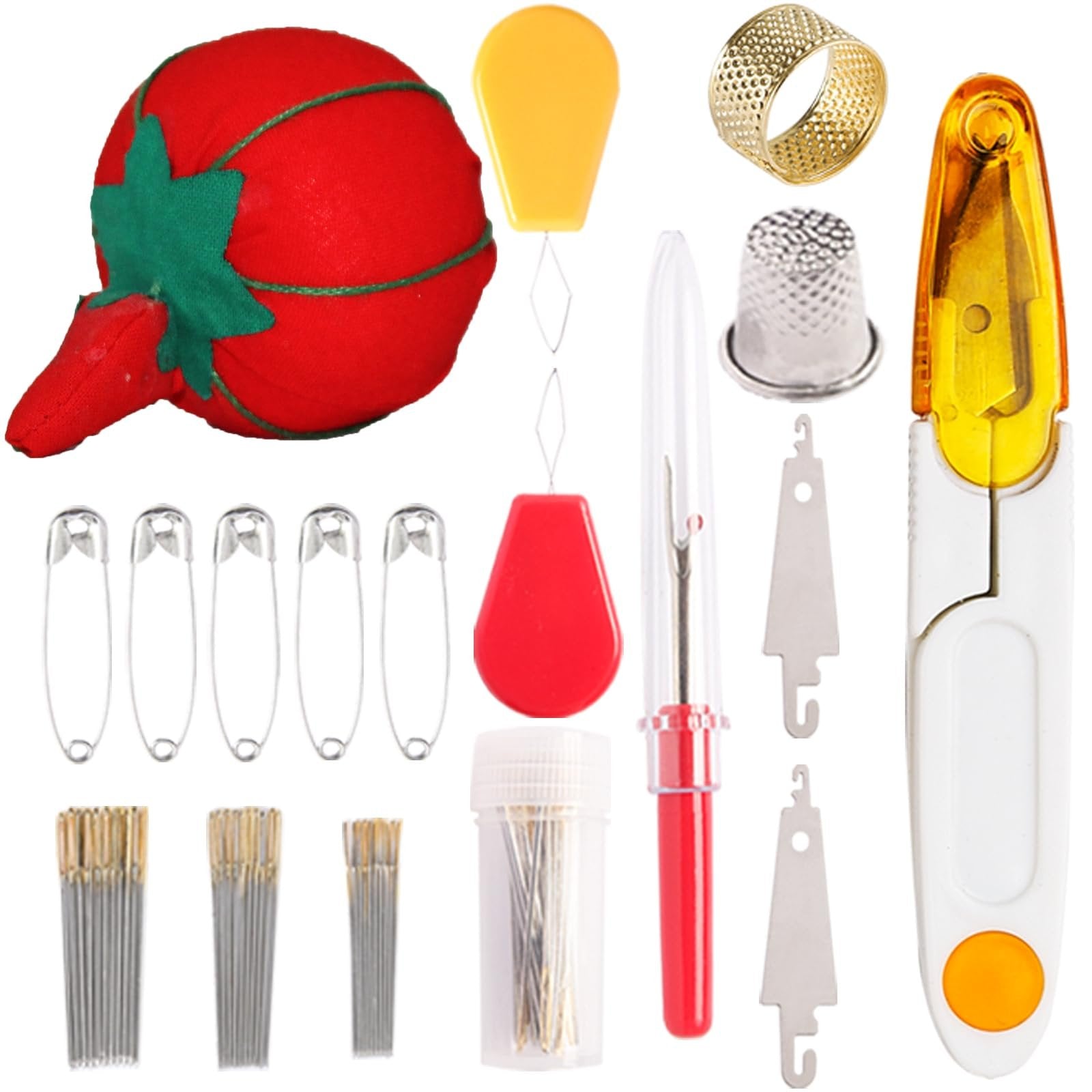 Sewing kit with tomato pincushion, thimbles, needles, safety pins, threader, and seam ripper on white background.
