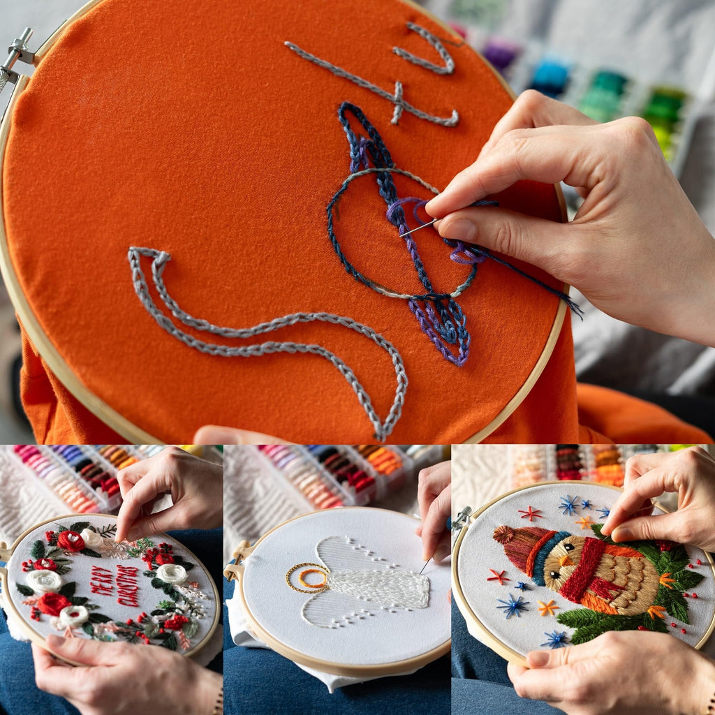 Collage of hands embroidering: top shows orange fabric with grey and blue thread; bottom left shows a wreath with 'Merry Christmas' text; bottom center shows an angel design; bottom right shows an owl in a hat and scarf.