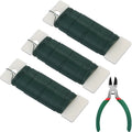 Three spools of green floral wire and a pair of wire cutters on a white background.