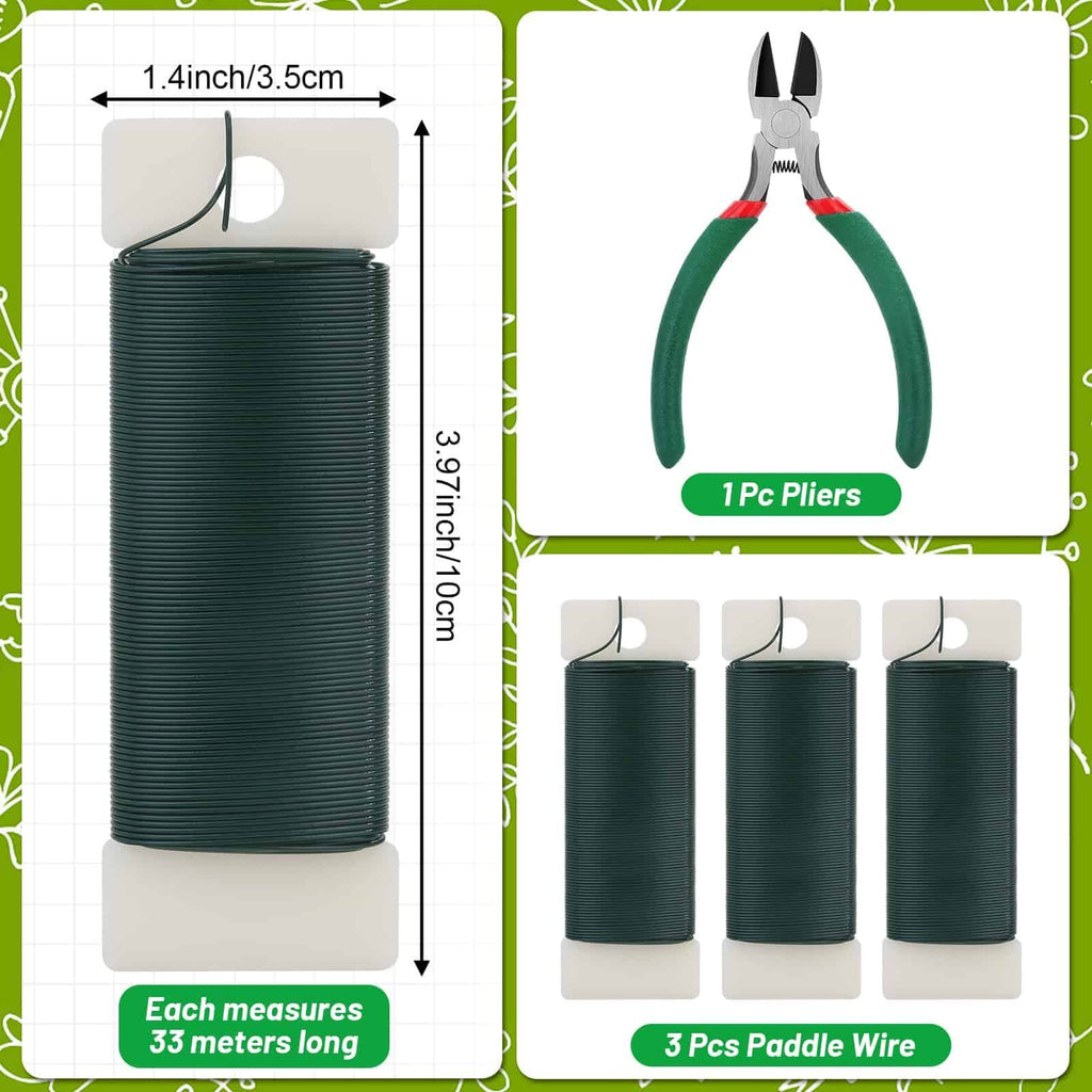 Green floral paddle wire spools and wire cutters with dimensions and quantity callouts.