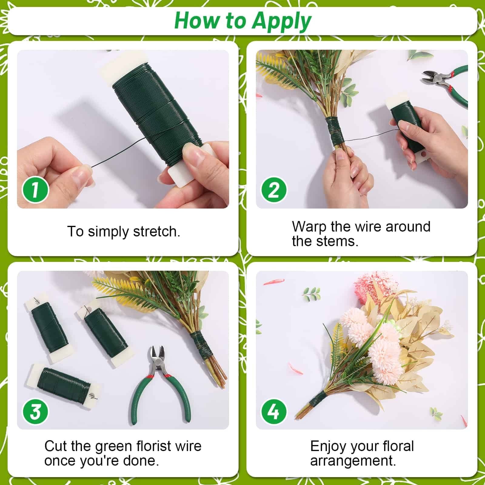 Four-panel graphic showing how to apply floral wire to stems for arrangements. Includes wire spool, wire cutter, and finished bouquet.