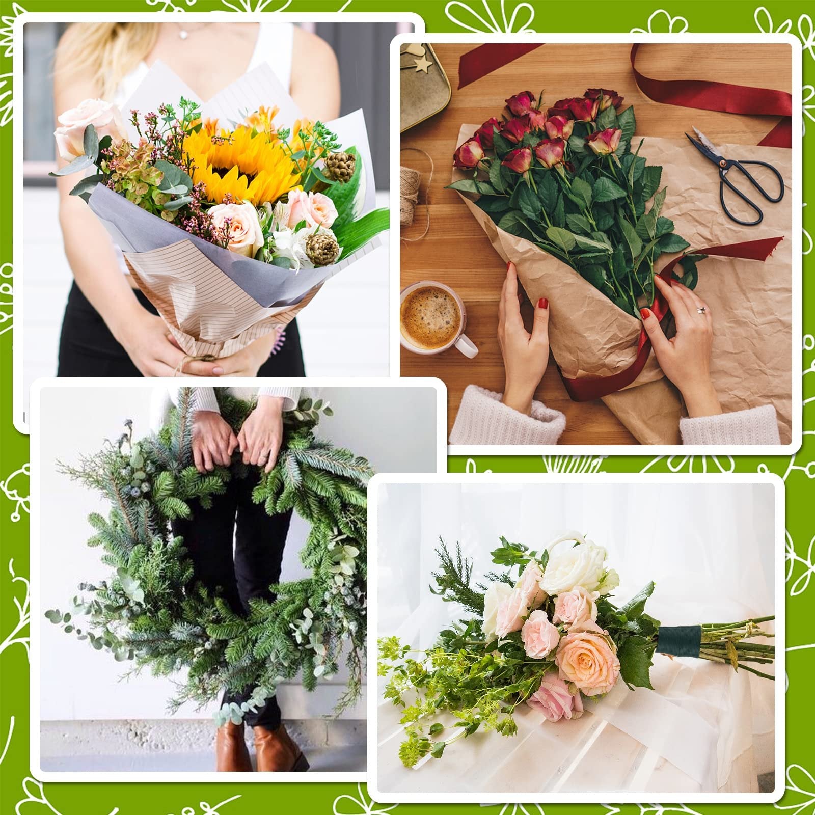 Collage of four images showing floral arrangements and wreath making. Top left: person holding a bouquet with sunflowers and roses. Top right: hands arranging red roses on a wooden table with scissors and coffee. Bottom left: person holding a large evergreen wreath. Bottom right: bouquet of pink and