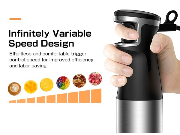 Hand holding an immersion blender with trigger speed control, showing food icons and speed indicator graphic.