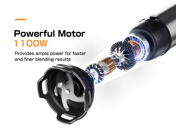 Cutaway view of an immersion blender showing its powerful motor and internal gears, with text highlighting 1100W power.