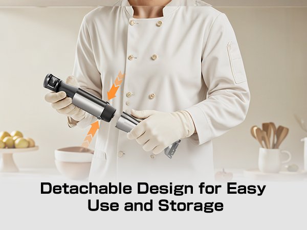 Chef demonstrating detachable design of immersion blender in a kitchen setting