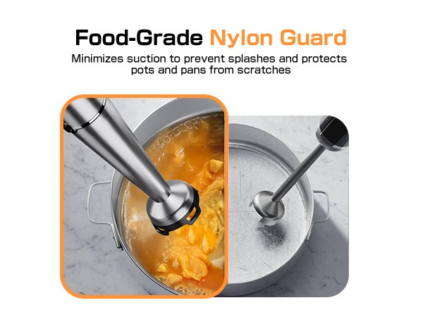 Immersion blender with food-grade nylon guard shown in a pot of soup and in an empty pot.