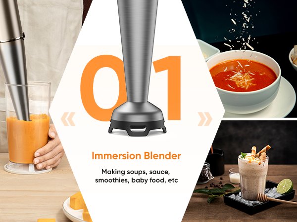Immersion blender making soup, with images of soup and a smoothie.