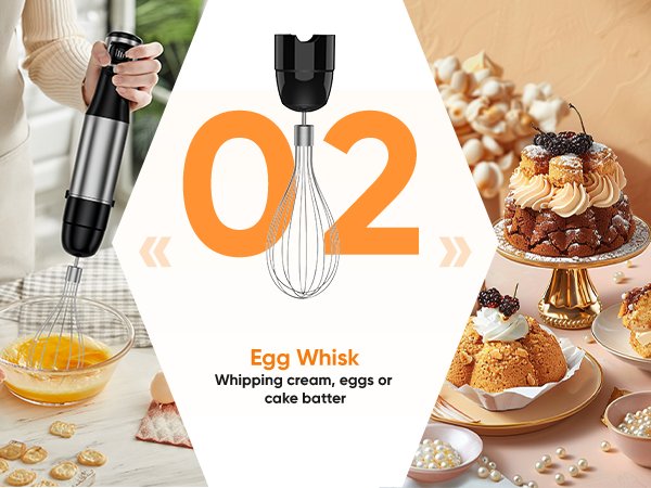 Immersion blender with egg whisk attachment whipping eggs in a bowl, next to decorated cakes.