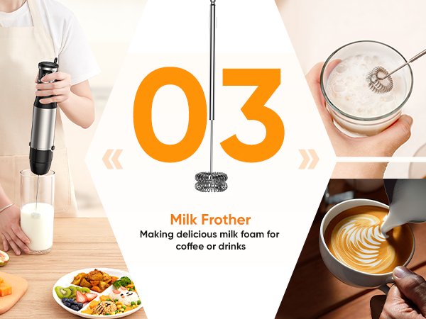 Immersion blender with whisk attachment frothing milk in a glass, with latte art being poured.