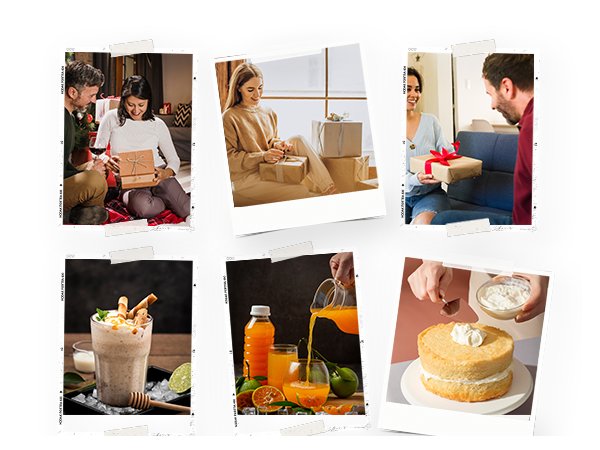 Collage of lifestyle images showing gift-giving, a milkshake, orange juice, and cake decorating