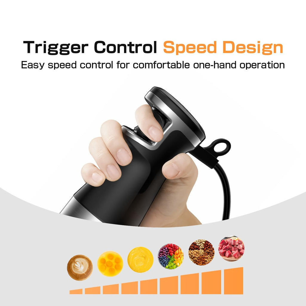 Hand holding immersion blender with trigger speed control, showing food processing icons and speed bars.