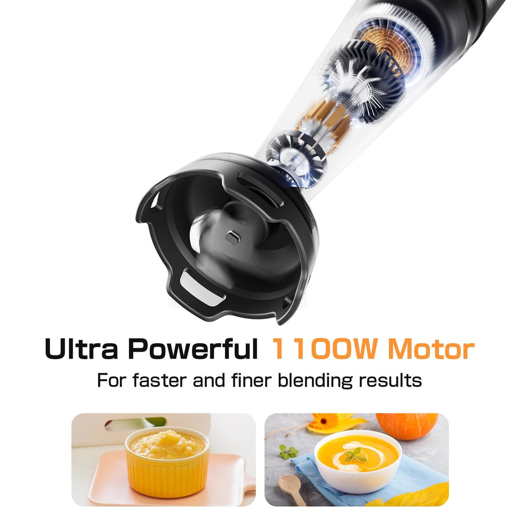 Immersion blender motor cutaway with text "Ultra Powerful 1100W Motor" and two food images.