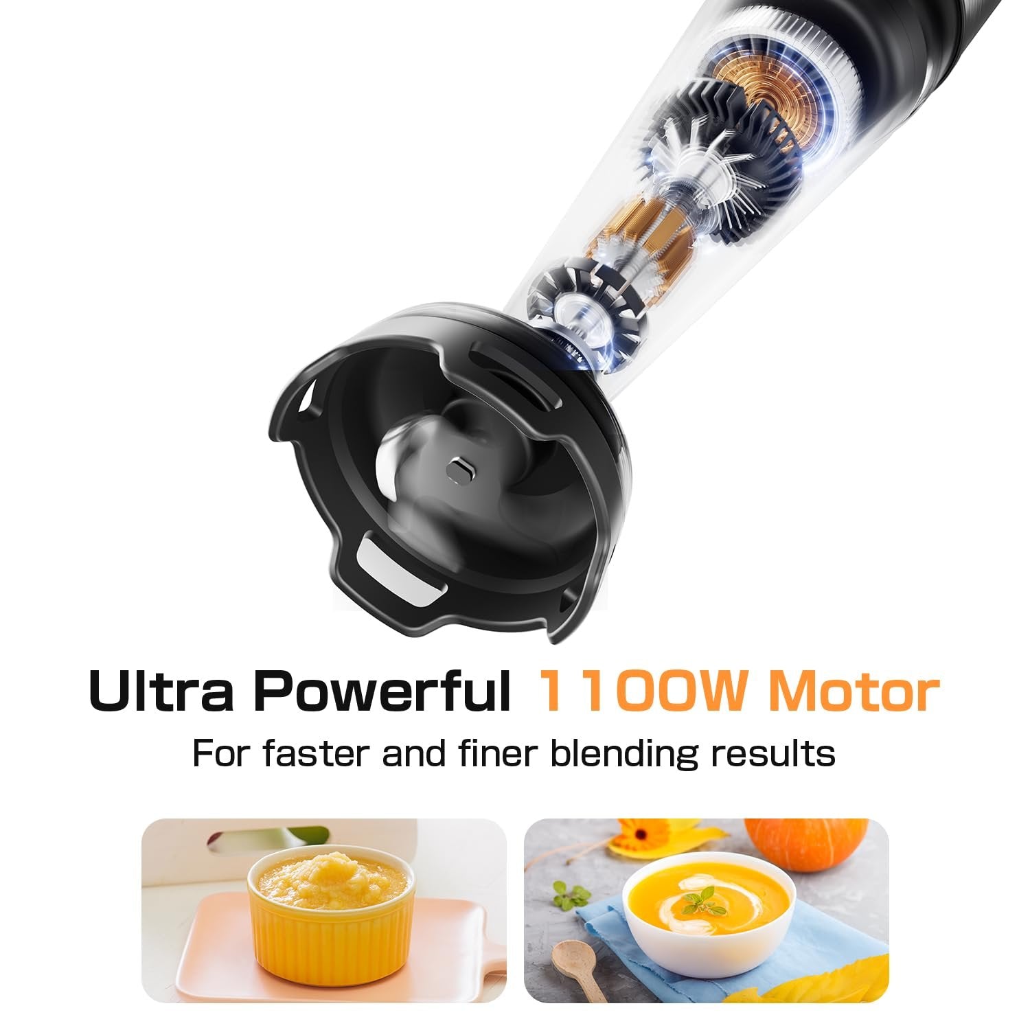 Immersion blender motor cutaway with text "Ultra Powerful 1100W Motor" and two food images.