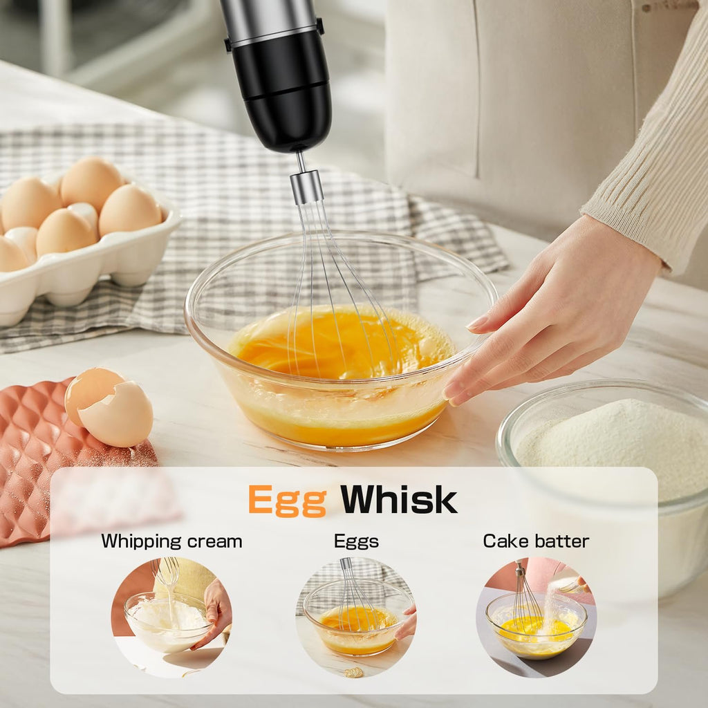Immersion blender with egg whisk attachment whipping eggs in a bowl, with inset images showing whipping cream and making cake batter.