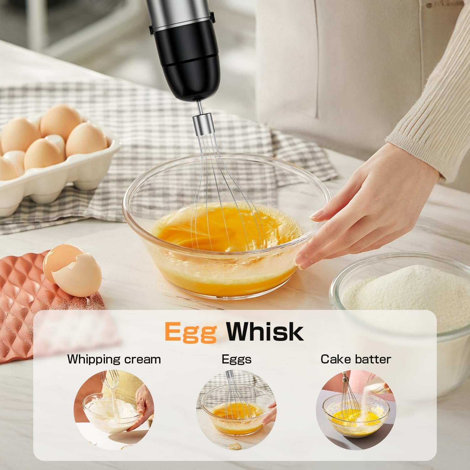 Immersion blender with egg whisk attachment whipping eggs in a bowl, with inset images showing whipping cream and making cake batter.