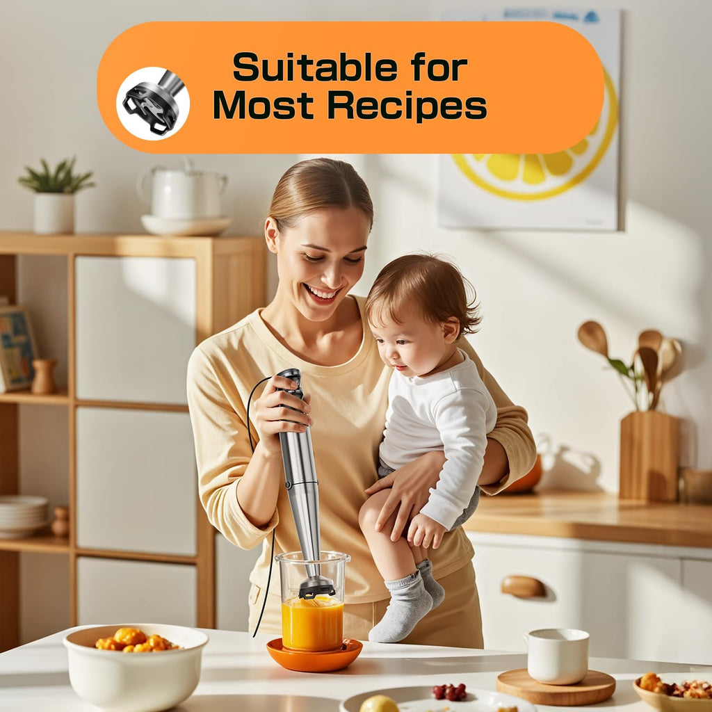 Woman holding a baby while using an immersion blender in a kitchen setting.