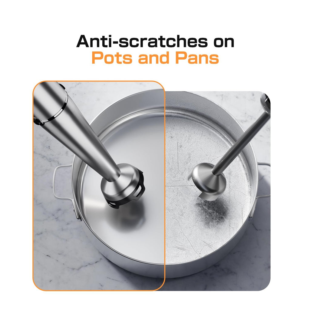 Immersion blender head demonstrating anti-scratch feature on a pot surface compared to a scratched surface.