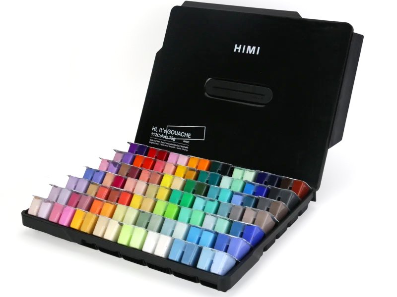 Open black carrying case filled with 112 colors of gouache paint in twin jelly cups, angled view.
