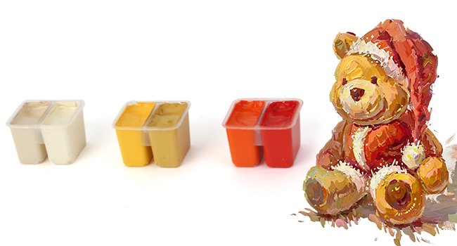 Three sets of twin jelly cups filled with paint, next to a painted teddy bear wearing a Santa hat.