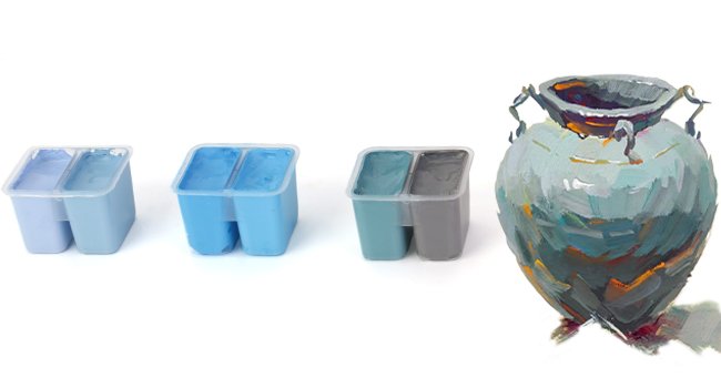 Three twin-cup gouache paint containers and a painted amphora on a white background