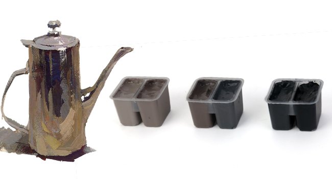 Artistic rendering of a silver teapot next to three sets of dual-compartment paint pots filled with dark gray, brown, and black paint.