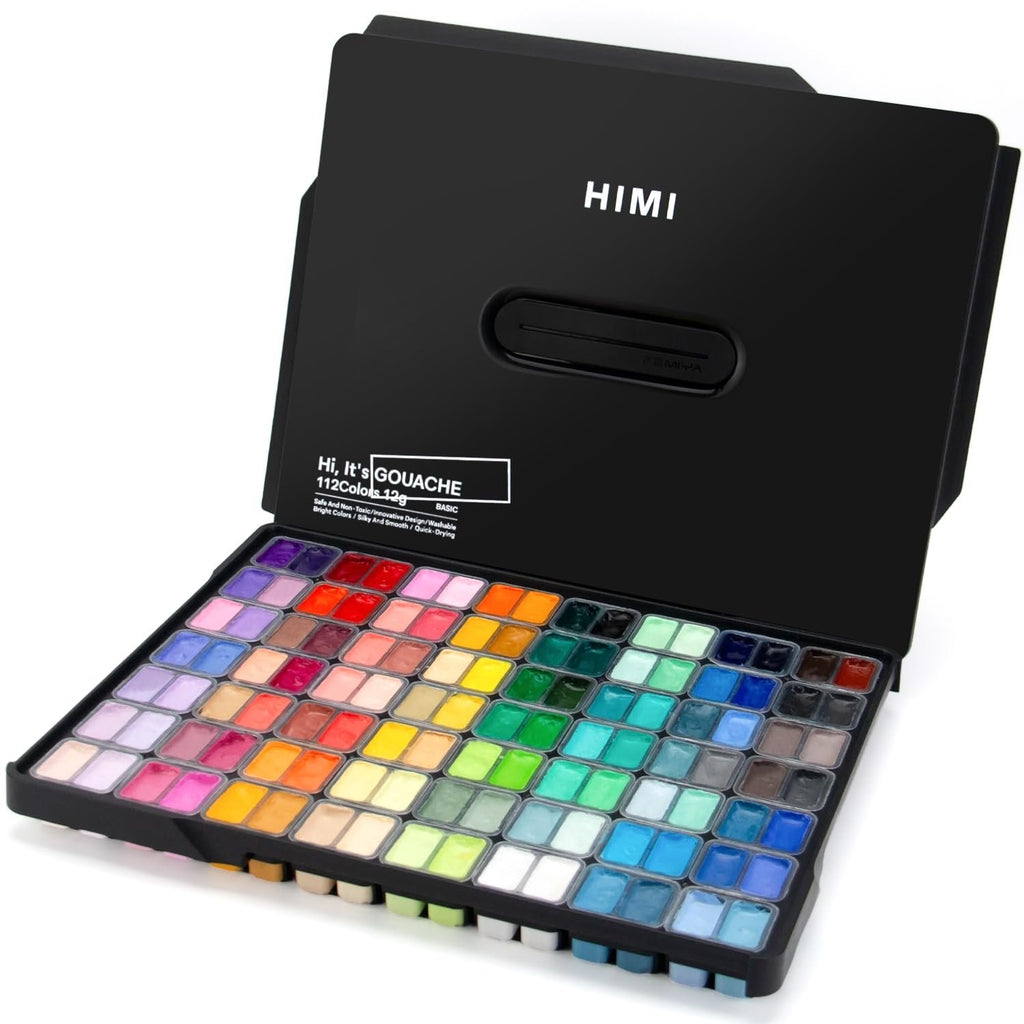 Open gouache paint set with 112 colors in twin jelly cups, black carrying case.