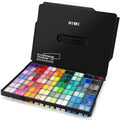 Open gouache paint set with 112 colors in twin jelly cups, black carrying case.