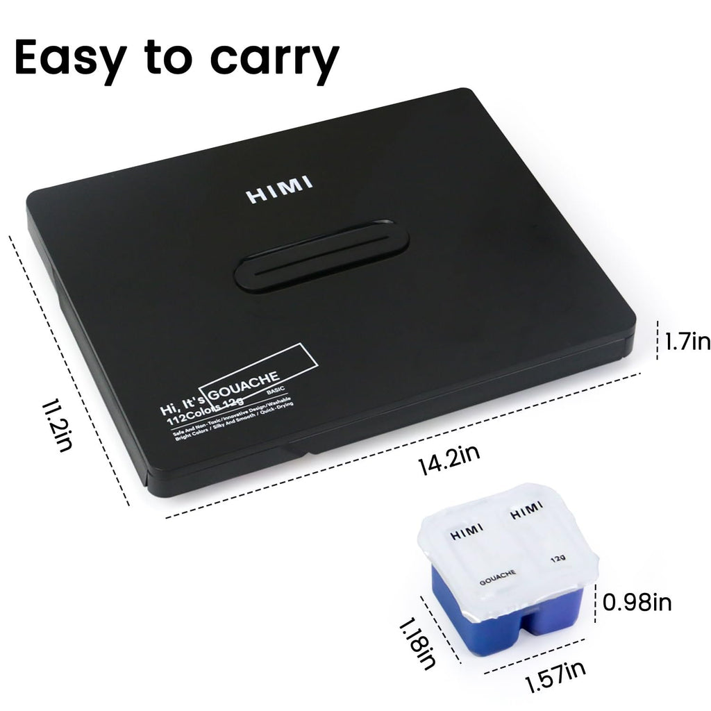 Closed black gouache paint case with dimensions and a sample jelly cup, manufacturer name visible.