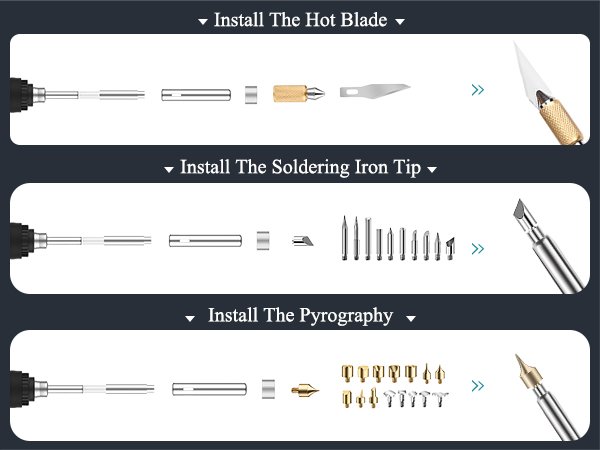 Wood burning kit instructions showing how to install hot blade, soldering iron tip, and pyrography tips.