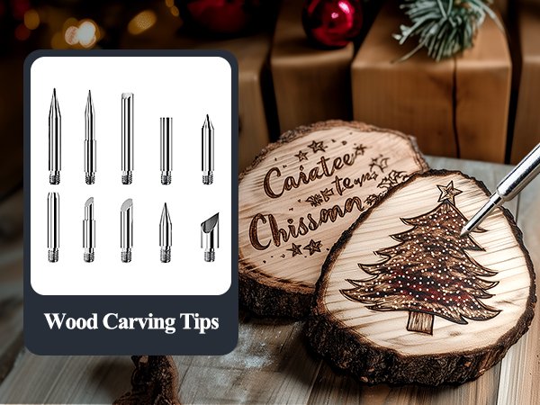 Wood burning kit tips and decorated wood slices with a Christmas tree and text
