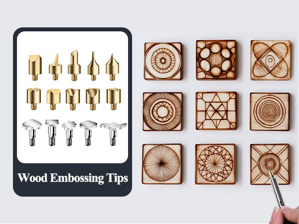 Wood embossing tips and examples of wood burned designs on small wooden squares