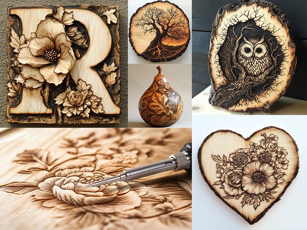 Collage of wood burning art: letter R with flowers, tree on wood slice, owl in tree trunk, gourd with floral pattern, close-up of wood burning tool on floral design, heart shape with floral design.